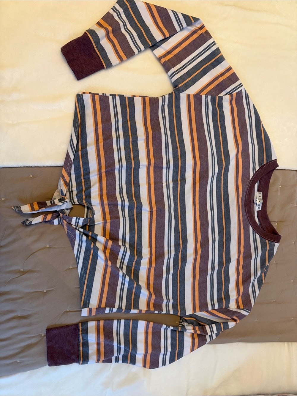 Striped Tie-Hem Long Sleeve Tee in Rust, Navy & Cream